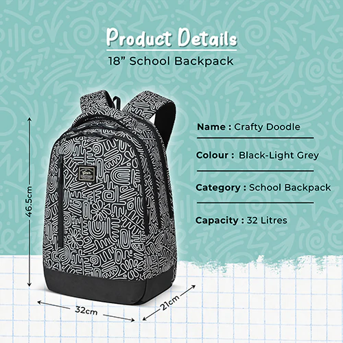 Gear Crafty Doodle 18"/32L Large Water Resistant School Bag | Casual Backpack | Daypack | Travel Backpack | Kids Bag for Boys/Girls (Black - Light Grey) - Image 8