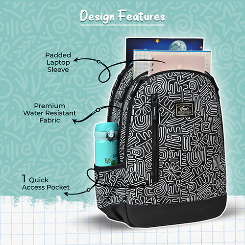 Gear Crafty Doodle 18"/32L Large Water Resistant School Bag | Casual Backpack | Daypack | Travel Backpack | Kids Bag for Boys/Girls (Black - Light Grey) - Image 9