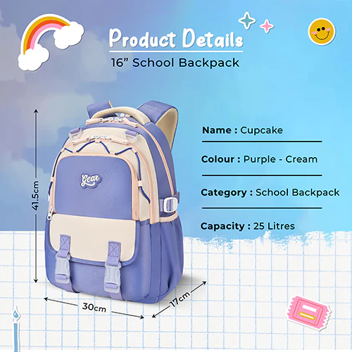 Gear Cupcake 16"/25L Medium Water Resistant School Bag | Casual Backpack | Daypack | Travel Backpack | Kids Bag for Boys/Girls ( Purple - Cream) - Image 3