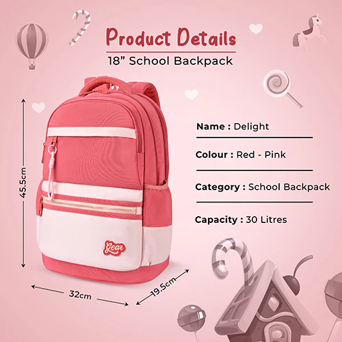 Gear Delight 18"/30L Large Water Resistant School Bag | Casual Backpack | Daypack | Travel Backpack | Kids Bag for Boys/Girls (Red - Pink) - Image 5