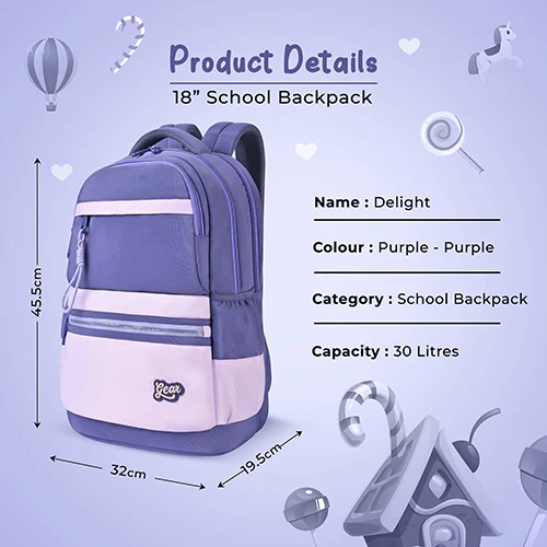 Gear Delight 18"/30L Large Water Resistant School Bag | Casual Backpack | Daypack | Travel Backpack | Kids Bag for Boys/Girls (Purple - Purple) - Image 6