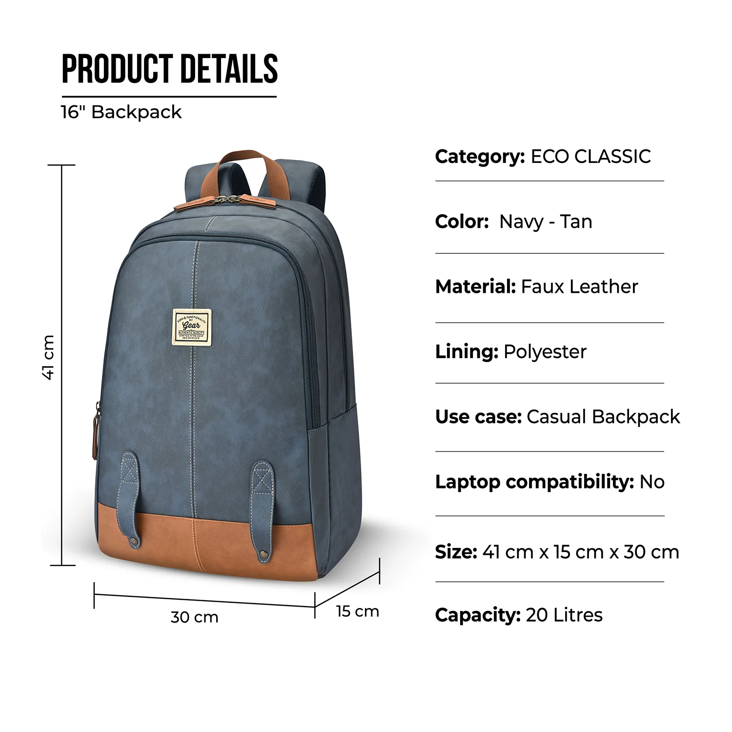 Gear Eco Classic 16” Daypack | Casual Backpack | Travel backpack for Men/Women (NAVY-TAN) - Image 3