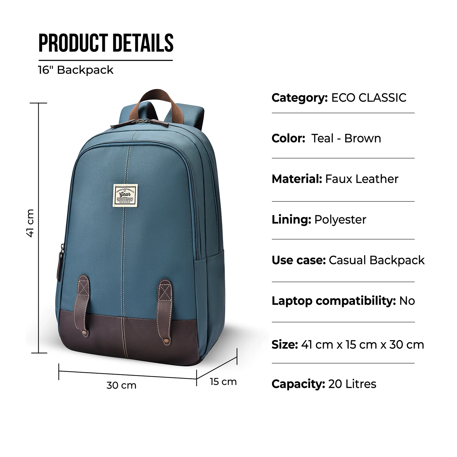 Gear Eco Classic 16” Daypack | Casual Backpack | Travel backpack for Men/Women (TEAL-BROWN) - Image 3