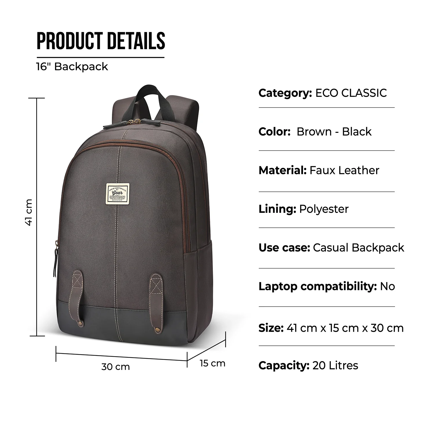 Gear Eco Classic 16” Daypack | Casual Backpack | Travel backpack for Men/Women (BROWN-BLACK) - Image 3