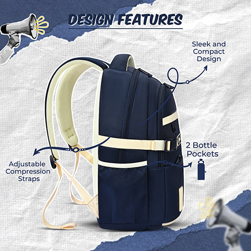 Gear Elegant 19"/35L Large Water Resistant School Bag | Casual Backpack | Daypack | Travel Backpack | Kids Bag for Boys/Girls (Navy - Beige) - Image 3