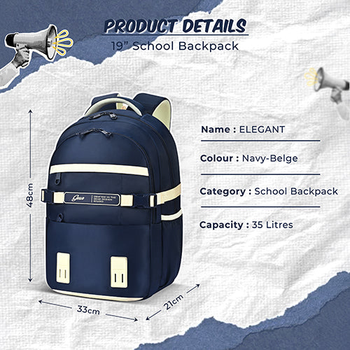 Gear Elegant 19"/35L Large Water Resistant School Bag | Casual Backpack | Daypack | Travel Backpack | Kids Bag for Boys/Girls (Navy - Beige) - Image 5