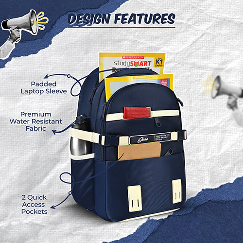 Gear Elegant 19"/35L Large Water Resistant School Bag | Casual Backpack | Daypack | Travel Backpack | Kids Bag for Boys/Girls (Navy - Beige) - Image 6