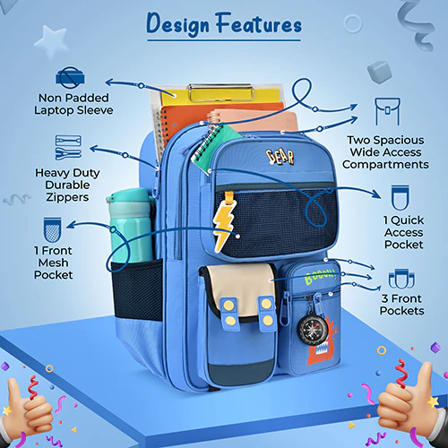 Gear Bravo 16"/25L Medium Water Resistant School Bag | Casual Backpack | Daypack | Travel Backpack | Kids Bag for Boys/Girls (Blue - Cream) - Image 5