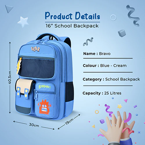Gear Bravo 16"/25L Medium Water Resistant School Bag | Casual Backpack | Daypack | Travel Backpack | Kids Bag for Boys/Girls (Blue - Cream) - Image 8