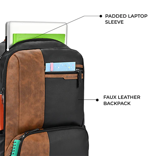 Gear Vintage 4 19"/28L anti theft faux leather Medium Water Resistant Laptop Backpack/Casual Backpack/Daypack/Travel Backpack/College Bag For Men/Women(Black-Tan) - Image 5