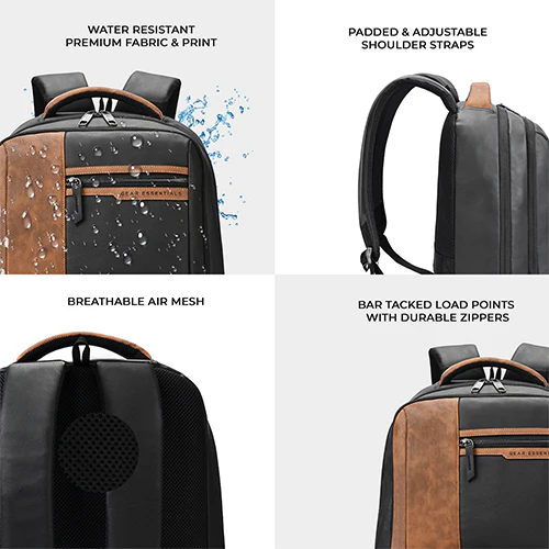 Gear Vintage 4 19"/28L anti theft faux leather Medium Water Resistant Laptop Backpack/Casual Backpack/Daypack/Travel Backpack/College Bag For Men/Women(Black-Tan) - Image 6
