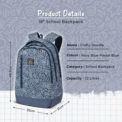 Gear Crafty Doodle 18"/32L Large Water Resistant School Bag | Casual Backpack | Daypack | Travel Backpack | Kids Bag for Boys/Girls (Navy Blue - Pastel Blue) - Image 3