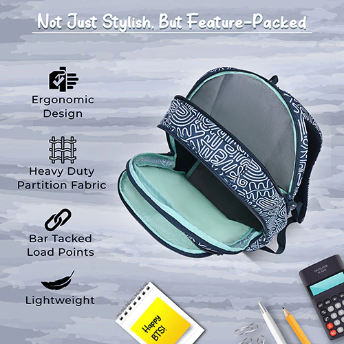Gear Crafty Doodle 18"/32L Large Water Resistant School Bag | Casual Backpack | Daypack | Travel Backpack | Kids Bag for Boys/Girls (Navy Blue - Pastel Blue) - Image 6
