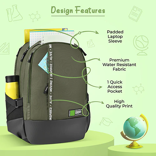 Gear Inspired 19"/36L Large Water Resistant School Bag | Casual Backpack | Daypack | Travel Backpack | Kids Bag for Boys/Girls (Olive - Black) - Image 3