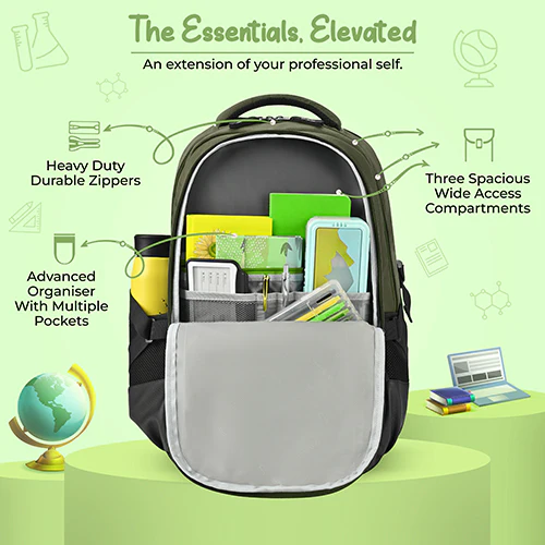 Gear Inspired 19"/36L Large Water Resistant School Bag | Casual Backpack | Daypack | Travel Backpack | Kids Bag for Boys/Girls (Olive - Black) - Image 4