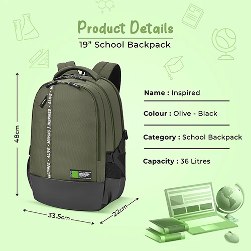 Gear Inspired 19"/36L Large Water Resistant School Bag | Casual Backpack | Daypack | Travel Backpack | Kids Bag for Boys/Girls (Olive - Black) - Image 9