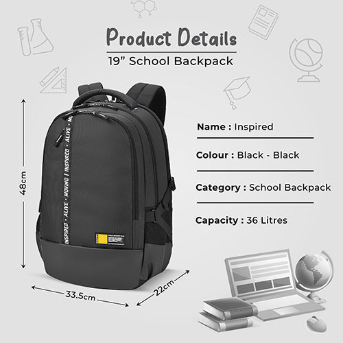 Gear Inspired 19"/36L Large Water Resistant School Bag | Casual Backpack | Daypack | Travel Backpack | Kids Bag for Boys/Girls (Black - Black) - Image 3
