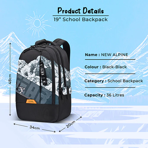 Gear New Alpine 19"/36L Large Water Resistant School Bag | Casual Backpack | Daypack | Travel Backpack | Kids Bag for Boys/Girls (Black - Black) - Image 5