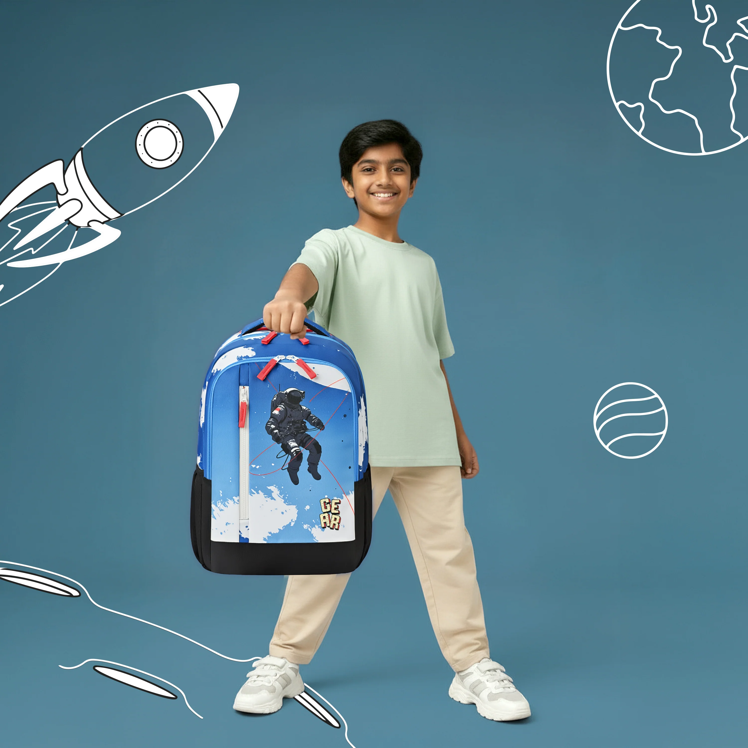 Gear Lost In Space 19"/37L Large Water Resistant School Bag | Casual Backpack | Daypack | Travel Backpack | Kids Bag for Boys/Girls (Blue - Red) - Image 2