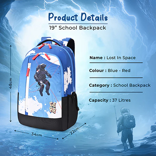 Gear Lost In Space 19"/37L Large Water Resistant School Bag | Casual Backpack | Daypack | Travel Backpack | Kids Bag for Boys/Girls (Blue - Red) - Image 3