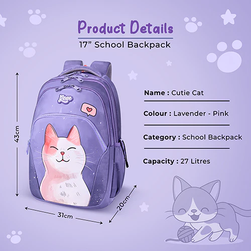 Gear Cutie Cat 17"/27L Large Water Resistant School Bag | Casual Backpack | Daypack | Travel Backpack | Kids Bag for Boys/Girls (Lavender - Pink) - Image 3