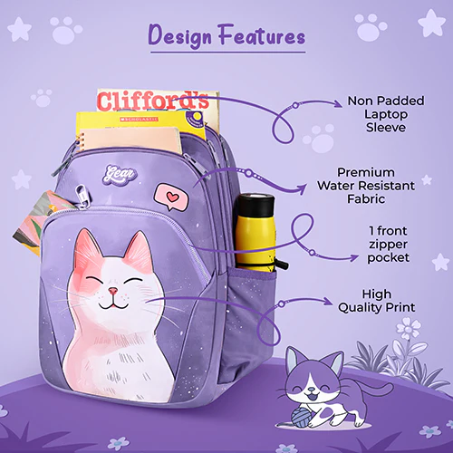 Gear Cutie Cat 17"/27L Large Water Resistant School Bag | Casual Backpack | Daypack | Travel Backpack | Kids Bag for Boys/Girls (Lavender - Pink) - Image 7