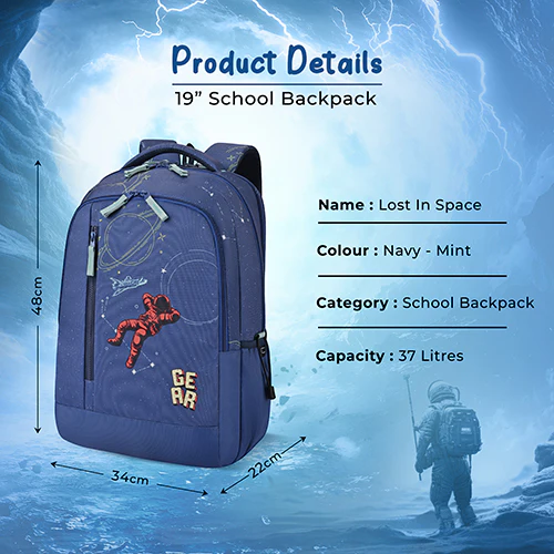Gear Lost In Space 19"/37L Large Water Resistant School Bag | Casual Backpack | Daypack | Travel Backpack | Kids Bag for Boys/Girls (Navy - Mint) - Image 3