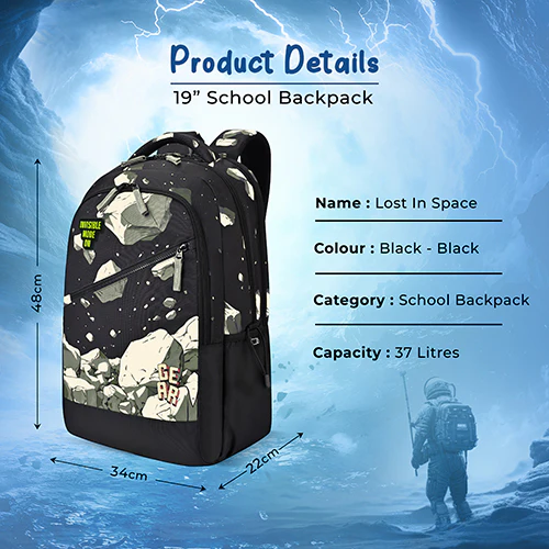 Gear Lost In Space 19"/37L Large Water Resistant School Bag | Casual Backpack | Daypack | Travel Backpack | Kids Bag for Boys/Girls (Black - Black) - Image 3