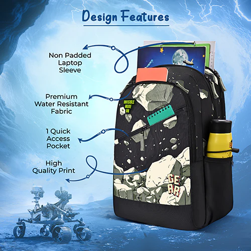 Gear Lost In Space 19"/37L Large Water Resistant School Bag | Casual Backpack | Daypack | Travel Backpack | Kids Bag for Boys/Girls (Black - Black) - Image 7