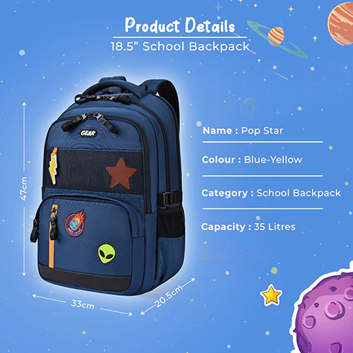 Gear Pop Star 18.5"/35L Large Water Resistant School Bag | Casual Backpack | Daypack | Travel Backpack | Kids Bag for Boys/Girls (Blue - Yellow) - Image 7