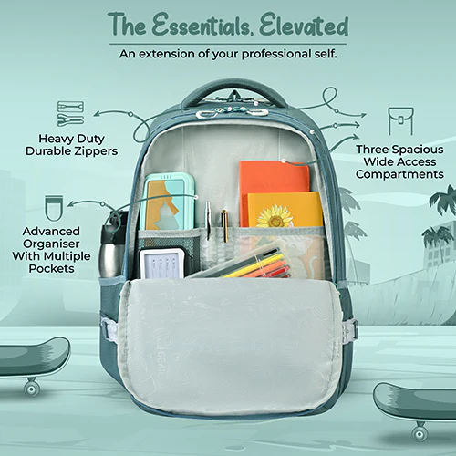 Gear Street Style 19"/38L Large Water Resistant School Bag | Casual Backpack | Daypack | Travel Backpack | Kids Bag for Boys/Girls (Green - Grey) - Image 3