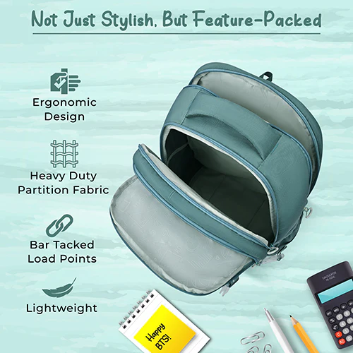 Gear Street Style 19"/38L Large Water Resistant School Bag | Casual Backpack | Daypack | Travel Backpack | Kids Bag for Boys/Girls (Green - Grey) - Image 4