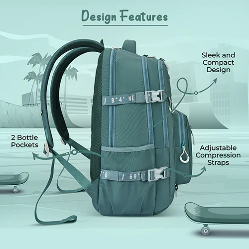 Gear Street Style 19"/38L Large Water Resistant School Bag | Casual Backpack | Daypack | Travel Backpack | Kids Bag for Boys/Girls (Green - Grey) - Image 6