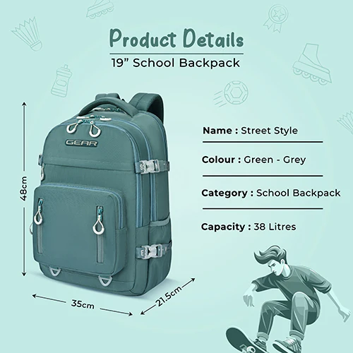 Gear Street Style 19"/38L Large Water Resistant School Bag | Casual Backpack | Daypack | Travel Backpack | Kids Bag for Boys/Girls (Green - Grey) - Image 8