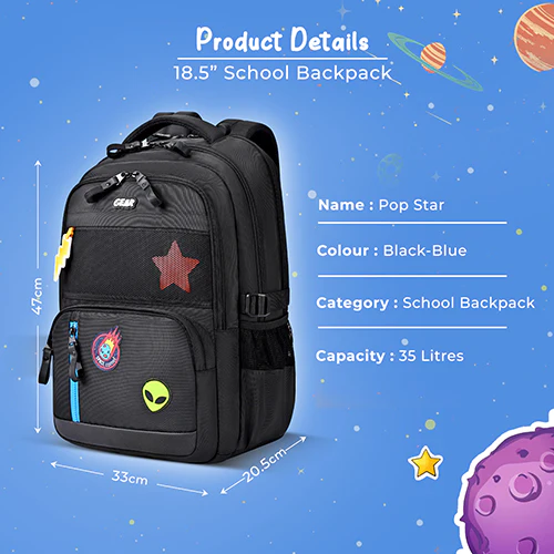 Gear Pop Star 18.5"/35L Large Water Resistant School Bag | Casual Backpack | Daypack | Travel Backpack | Kids Bag for Boys/Girls (Black - Blue) - Image 3