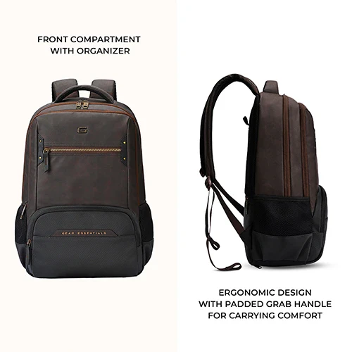 Gear Quantum 3 18"/29L Antitheft Large Faux Leather Water Resistant Laptop backpack with Raincover/Laptop backpack/Casual Backpack/Daypack/Travel Backpack/College Bag For Men/Women(Brown-Black) - Image 11