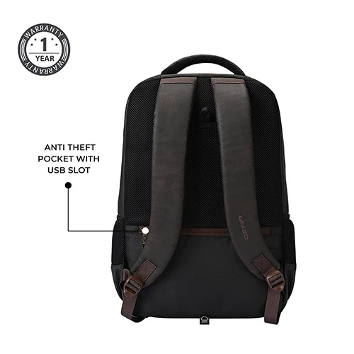Gear Quantum 3 18"/29L Antitheft Large Faux Leather Water Resistant Laptop backpack with Raincover/Laptop backpack/Casual Backpack/Daypack/Travel Backpack/College Bag For Men/Women(Brown-Black) - Image 12