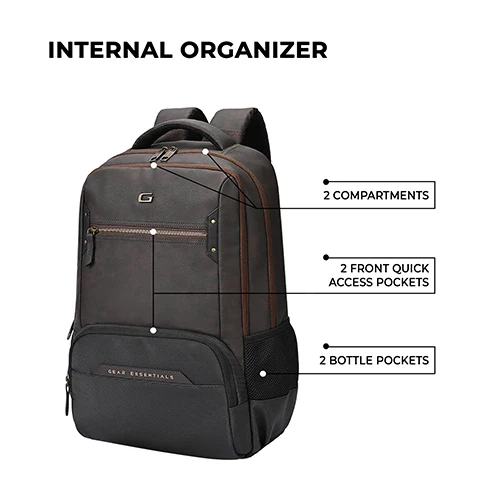 Gear Quantum 3 18"/29L Antitheft Large Faux Leather Water Resistant Laptop backpack with Raincover/Laptop backpack/Casual Backpack/Daypack/Travel Backpack/College Bag For Men/Women(Brown-Black) - Image 9