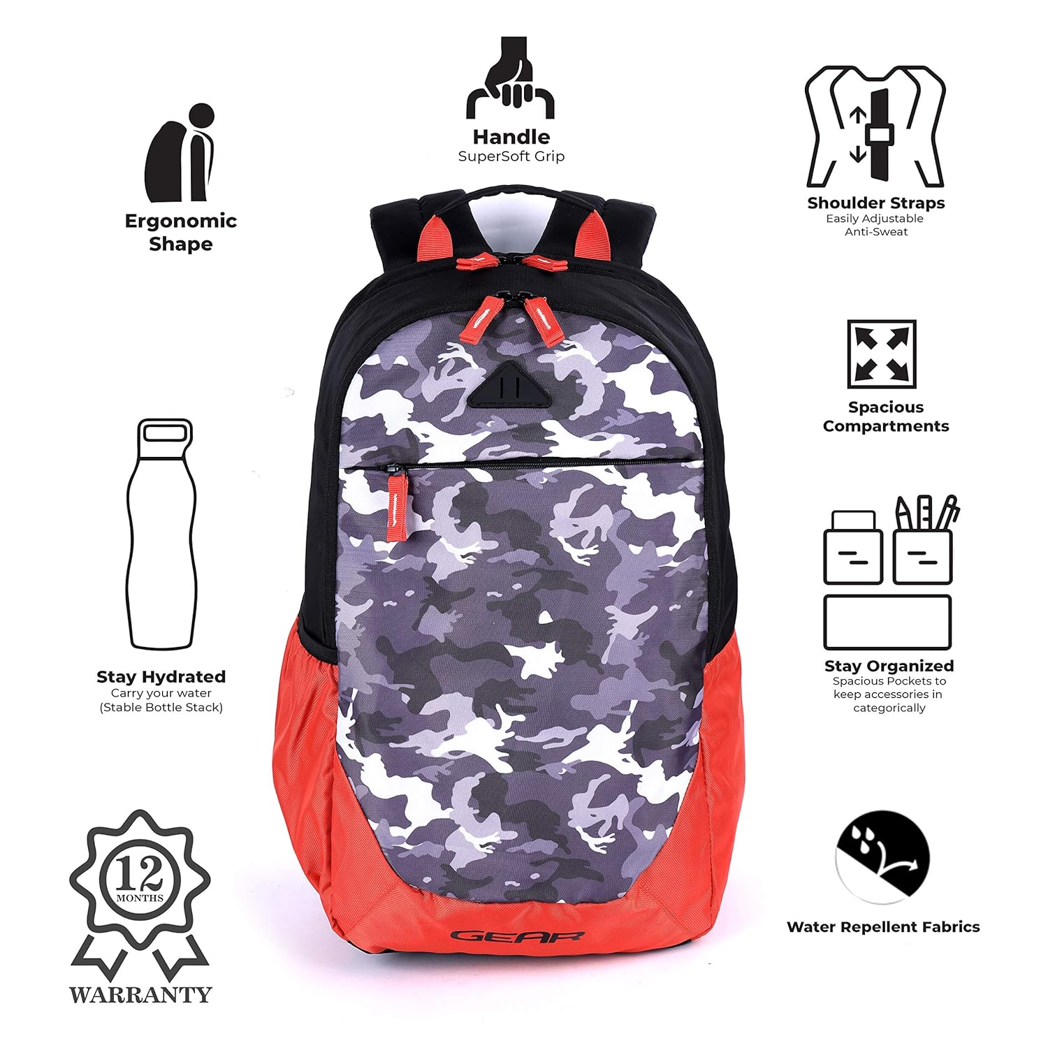 Gear Ranger Camo2 30L Backpack with Rain Cover (Orange) - Image 4