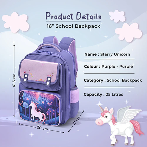 Gear Starry Unicorn 16"/25L Medium Water Resistant School Bag | Casual Backpack | Daypack | Travel Backpack | Kids Bag for Boys/Girls (Purple - Purple) - Image 5