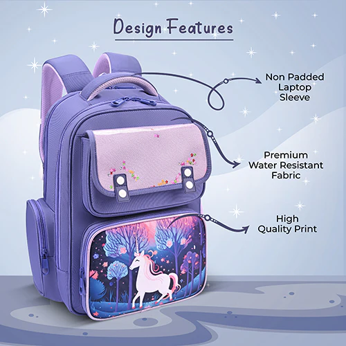 Gear Starry Unicorn 16"/25L Medium Water Resistant School Bag | Casual Backpack | Daypack | Travel Backpack | Kids Bag for Boys/Girls (Purple - Purple) - Image 7