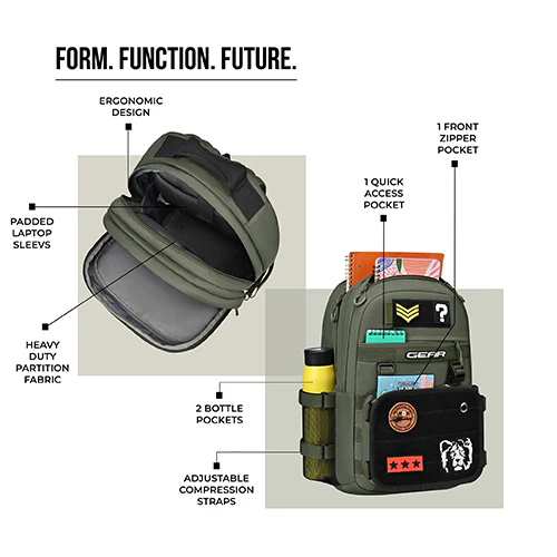 Gear Tactical 18"/30L Large Water Resistant School Bag | Casual Backpack | Daypack | Travel Backpack | Kids Bag for Boys/Girls (Olive - Olive) - Image 5