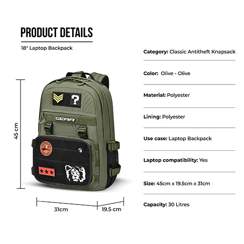 Gear Tactical 18"/30L Large Water Resistant School Bag | Casual Backpack | Daypack | Travel Backpack | Kids Bag for Boys/Girls (Olive - Olive) - Image 6