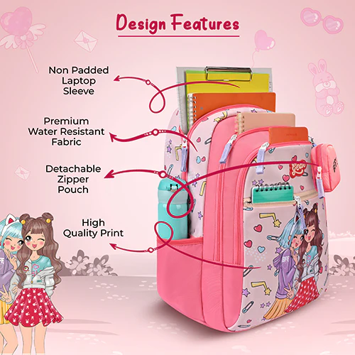 Gear BFF 17"/27L Large Water Resistant School Bag | Casual Backpack | Daypack | Travel Backpack | Kids Bag for Boys/Girls (Pink - Lavender) - Image 6