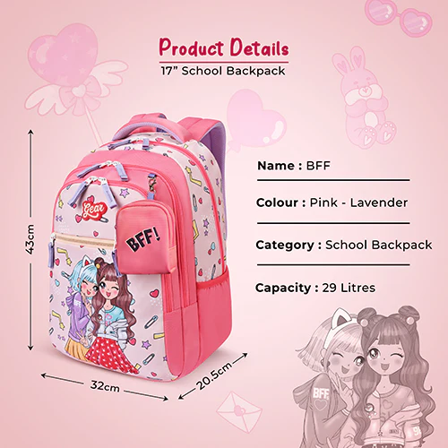 Gear BFF 17"/27L Large Water Resistant School Bag | Casual Backpack | Daypack | Travel Backpack | Kids Bag for Boys/Girls (Pink - Lavender) - Image 9