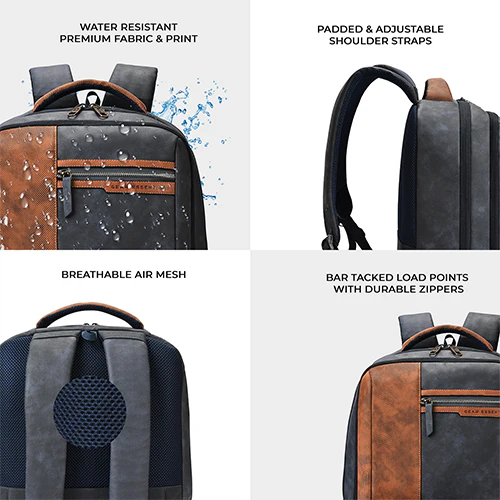 Gear Vintage 4 19"/29L anti theft faux leather Medium Water Resistant Laptop Backpack/Casual Backpack/Daypack/Travel Backpack/College Bag For Men/Women(Blue-Tan) - Image 5