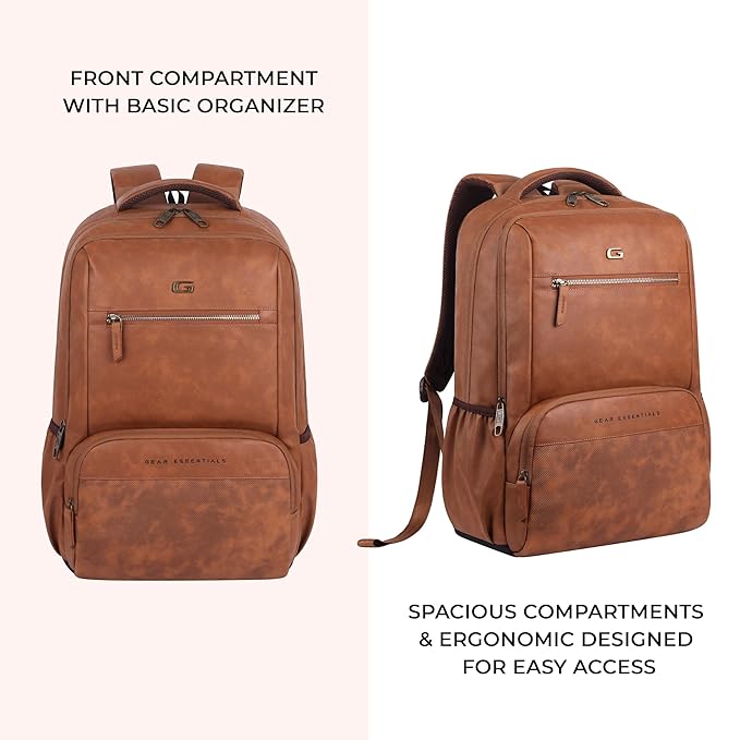 Gear Heritage 19"/30L Anti Theft Faux leather Large Water Resistant Laptop Backpack/Casual Backpack/Daypack/Travel Backpack/College Bag For Men/Women (Tan) - Image 3