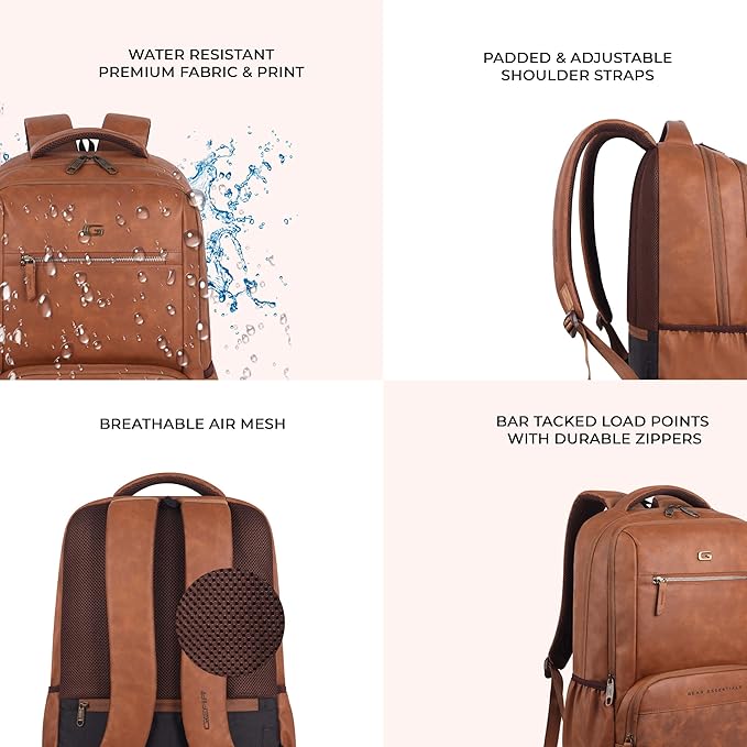 Gear Heritage 19"/30L Anti Theft Faux leather Large Water Resistant Laptop Backpack/Casual Backpack/Daypack/Travel Backpack/College Bag For Men/Women (Tan) - Image 4