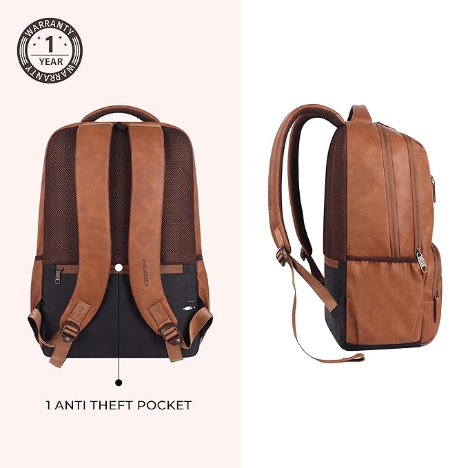 Gear Heritage 19"/30L Anti Theft Faux leather Large Water Resistant Laptop Backpack/Casual Backpack/Daypack/Travel Backpack/College Bag For Men/Women (Tan) - Image 5