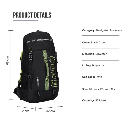 NAVIGATOR RUCKSACK 55L (BLACK - GREEN) - Image 3